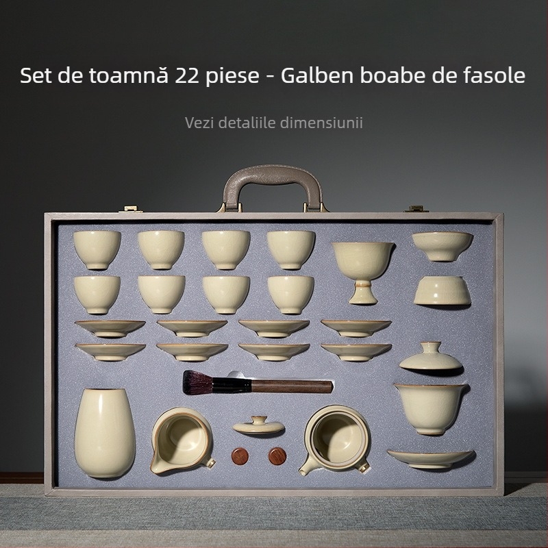 Sifang Pavilion set de ceai Kung Fu cu oală cu mâner lateral din porțelan Ru kiln, cești într-o cutie cadou, lux premium