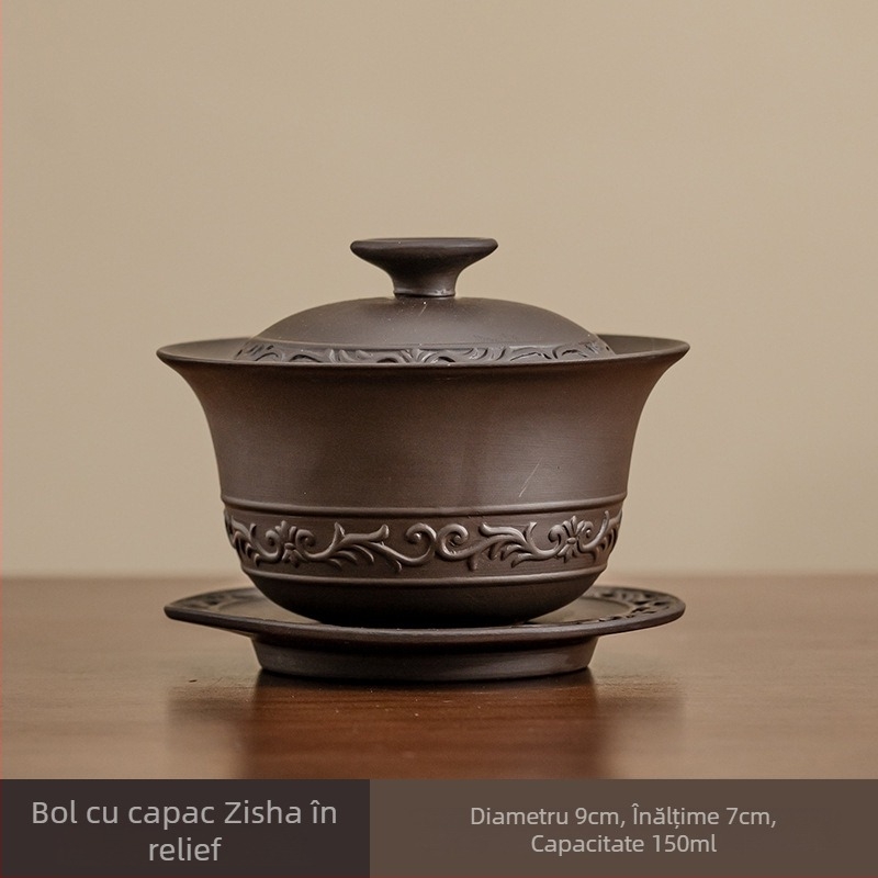 Vas din lut purpuriu cu capac, relief manual cu orhidee, ceașcă mare de ceai pentru uz casnic, stil chinezesc.