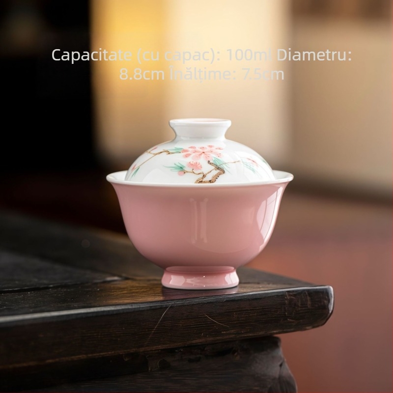 Ceainic roz pictat manual din ceramică cu mâner de ridicare, mic set de ceai pentru o singură persoană