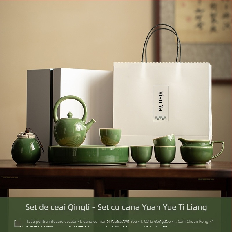 Set de ceai din porțelan în stil japonez, cu glazură verde: ceainic, cești și tavă pentru ceai, set Kung Fu, mic set pentru uz casnic