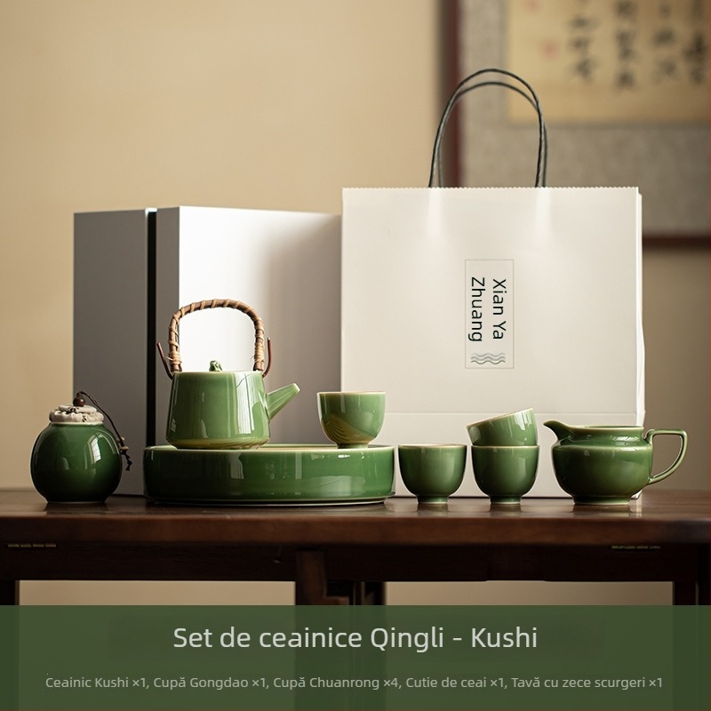 Set de ceai din porțelan în stil japonez, cu glazură verde: ceainic, cești și tavă pentru ceai, set Kung Fu, mic set pentru uz casnic