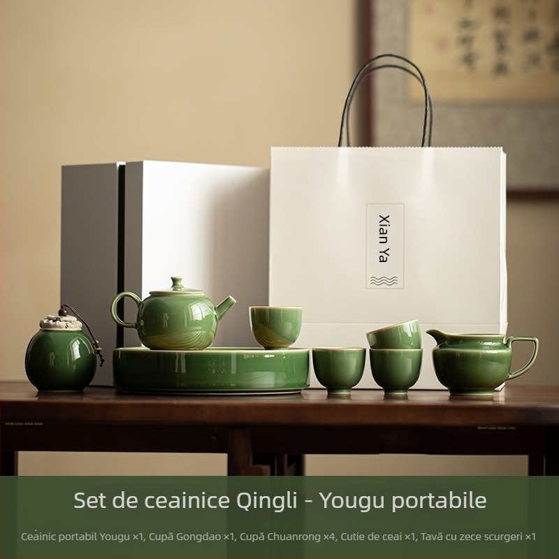 Set de ceai din porțelan în stil japonez, cu glazură verde: ceainic, cești și tavă pentru ceai, set Kung Fu, mic set pentru uz casnic