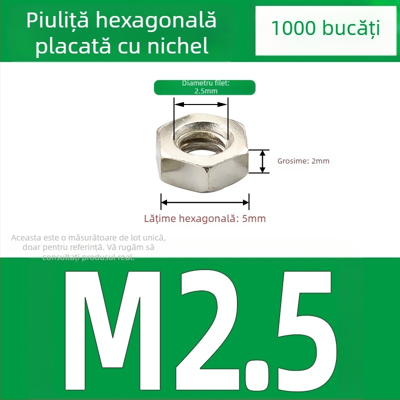 Piuliță hexagonală exterioară nichelată, oțel-carbon, DIN 934, finisaj negru, clasă 4.8, dimensiuni M2–M5