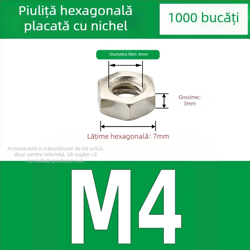 Piuliță hexagonală exterioară nichelată, oțel-carbon, DIN 934, finisaj negru, clasă 4.8, dimensiuni M2–M5