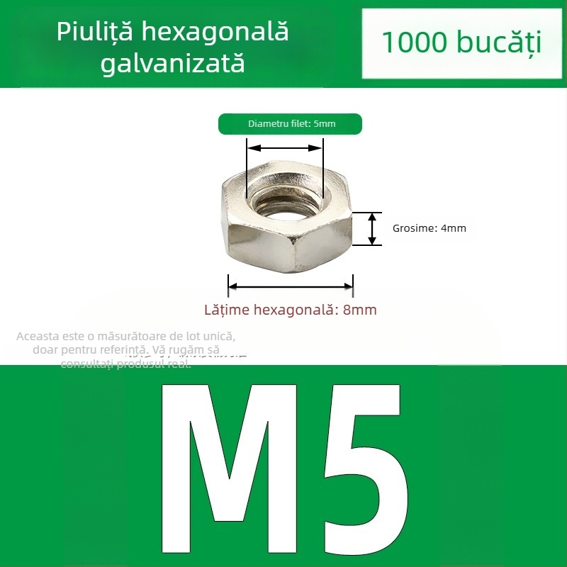 Piuliță hexagonală exterioară nichelată, oțel-carbon, DIN 934, finisaj negru, clasă 4.8, dimensiuni M2–M5