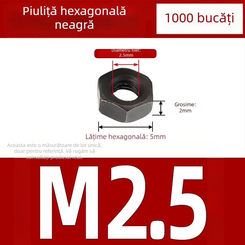 Piuliță hexagonală exterioară nichelată, oțel-carbon, DIN 934, finisaj negru, clasă 4.8, dimensiuni M2–M5