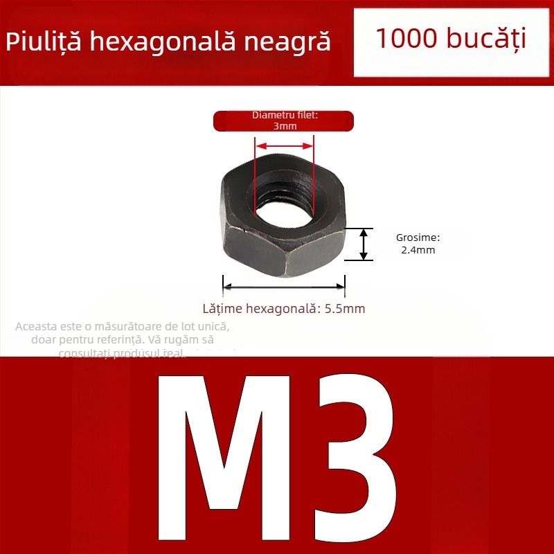 Piuliță hexagonală exterioară nichelată, oțel-carbon, DIN 934, finisaj negru, clasă 4.8, dimensiuni M2–M5