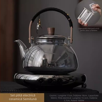 Ceainic din sticlă cu mâner de ridicare, potrivit pentru plita electrică ceramică, rezistent la temperaturi înalte, încălzire directă, dublă utilizare pentru fierbere și infuzare, pentru ceai alb vechi