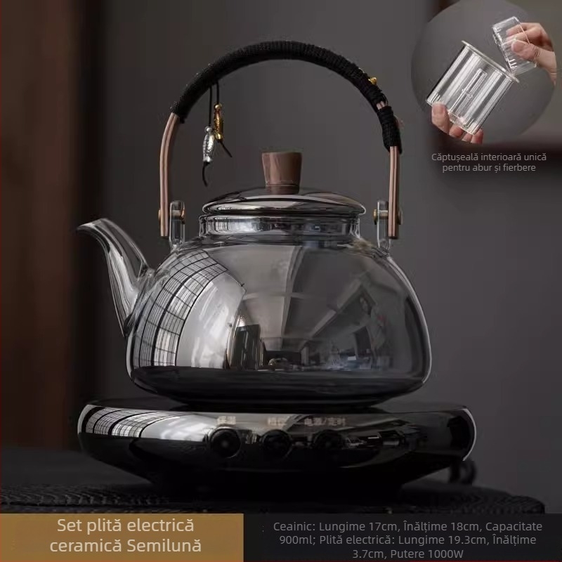 Ceainic din sticlă cu mâner de ridicare, potrivit pentru plita electrică ceramică, rezistent la temperaturi înalte, încălzire directă, dublă utilizare pentru fierbere și infuzare, pentru ceai alb vechi