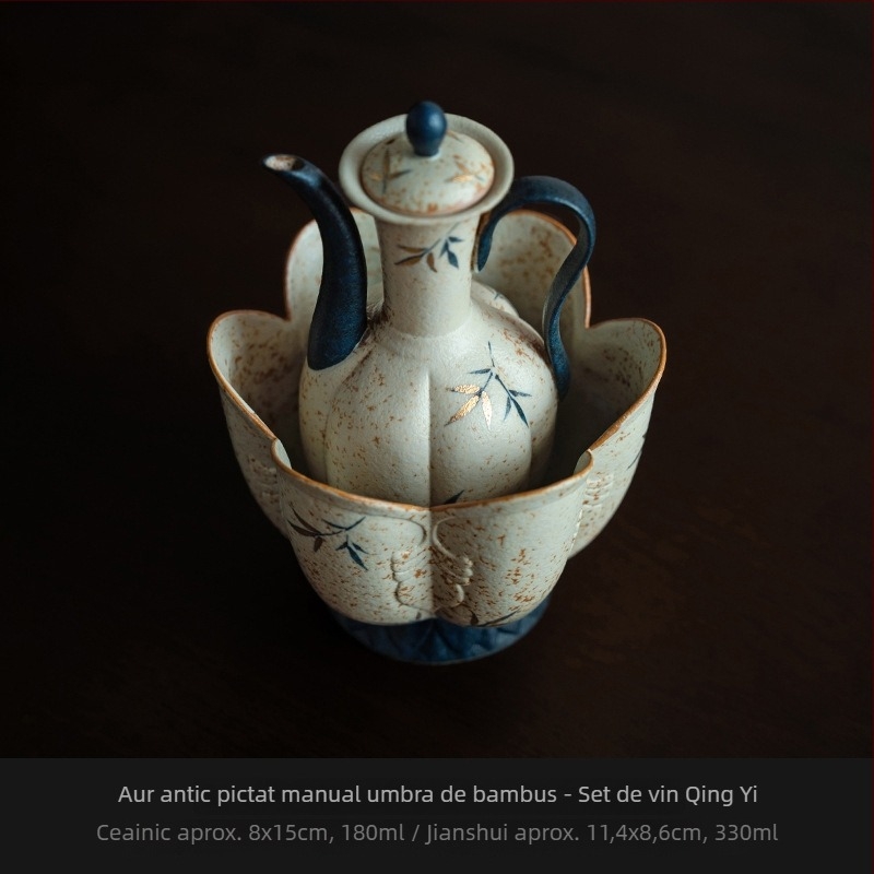 Set ceramic de ceainic, pictură manuală, cu aurire antică și motiv de umbră de bambus, inspirat din dinastia Song, pentru uz casnic, lux