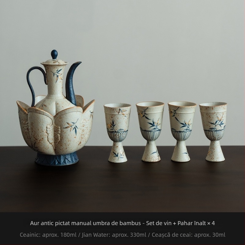 Set ceramic de ceainic, pictură manuală, cu aurire antică și motiv de umbră de bambus, inspirat din dinastia Song, pentru uz casnic, lux