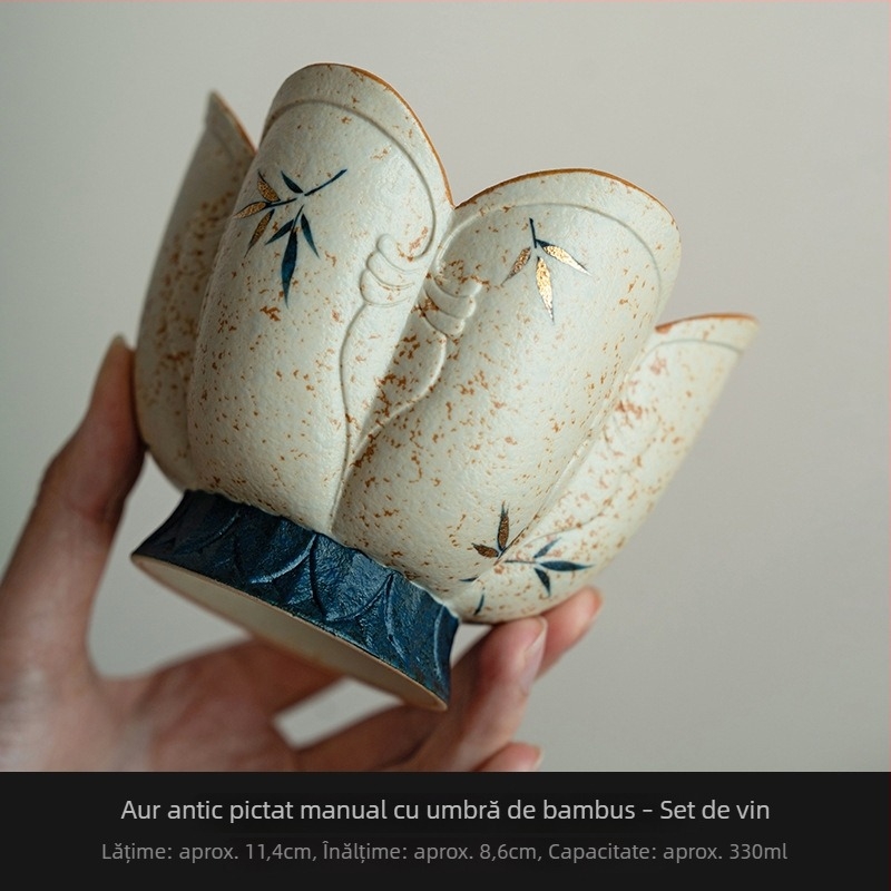 Set ceramic de ceainic, pictură manuală, cu aurire antică și motiv de umbră de bambus, inspirat din dinastia Song, pentru uz casnic, lux