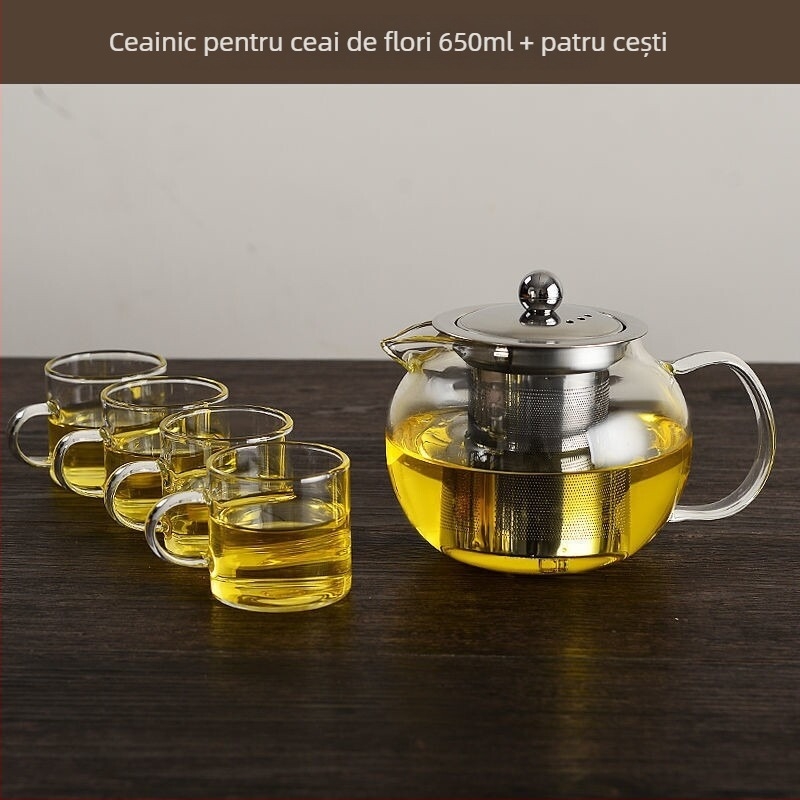 Ceainic din sticlă cu separare apă-ceai, capacitate mare, filtru din oțel inoxidabil, cană rezistentă la temperatură, set de ceai