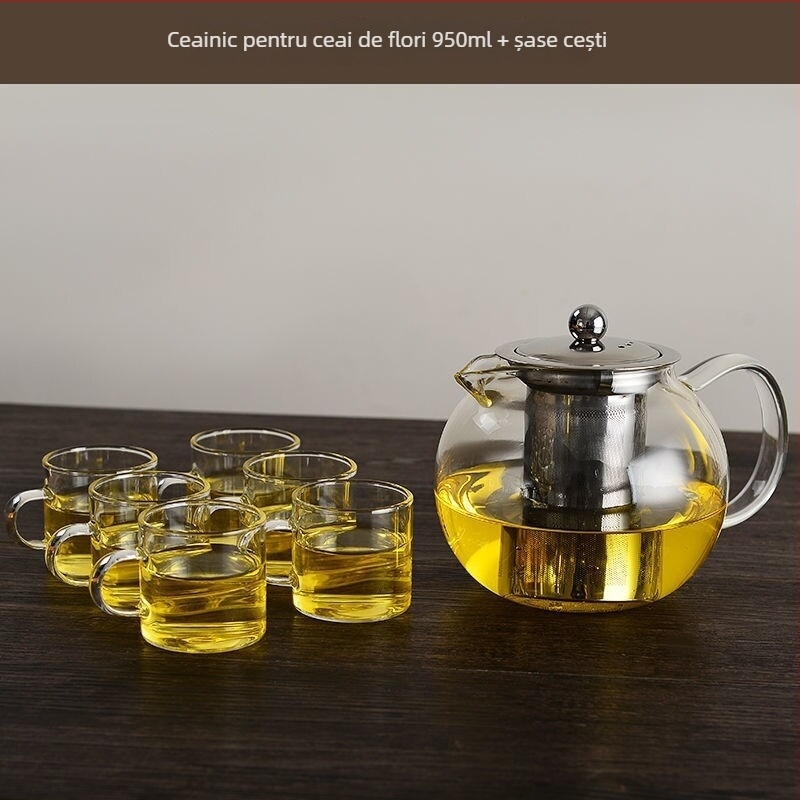 Ceainic din sticlă cu separare apă-ceai, capacitate mare, filtru din oțel inoxidabil, cană rezistentă la temperatură, set de ceai