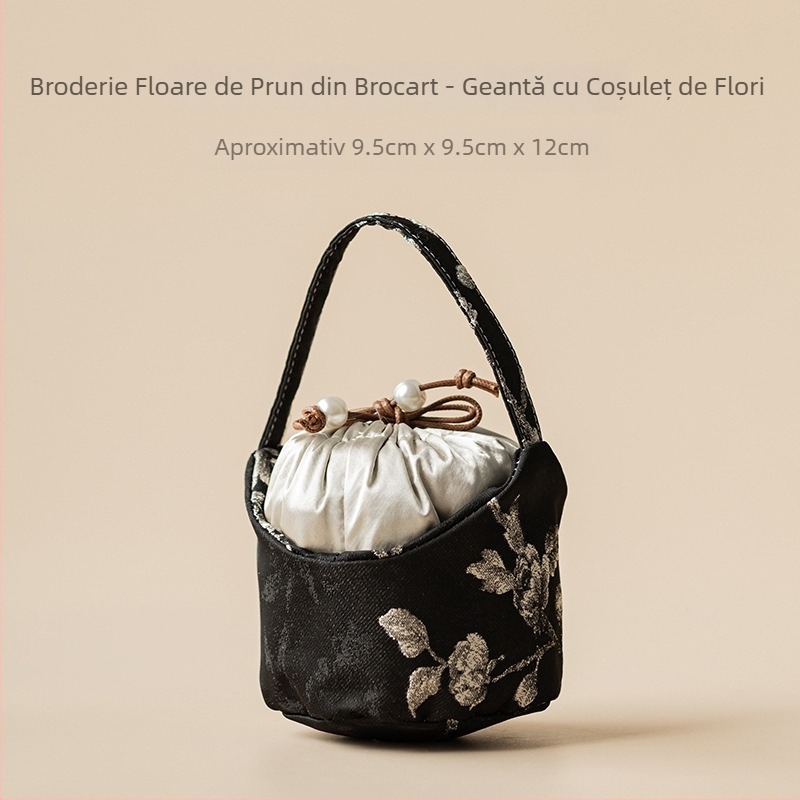 Geantă de depozitare pentru ceai cu broderie brocart și flori de prune, pentru camping în aer liber și mașină, organizator pentru ceainic și cănile, protecție anti-șoc
