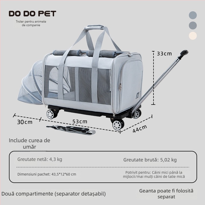 Geantă pentru animale de companie cu roți, capacitate mare, pentru pisici și câini, respirabilă și extensibilă, geantă de călătorie