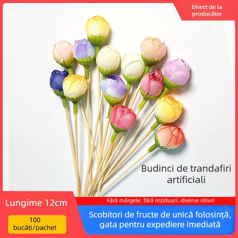 Set de 10 scobitori din lemn cu flori pentru fructe și cocktailuri — bețișoare decorative, de unică folosință, cu motiv trandafir