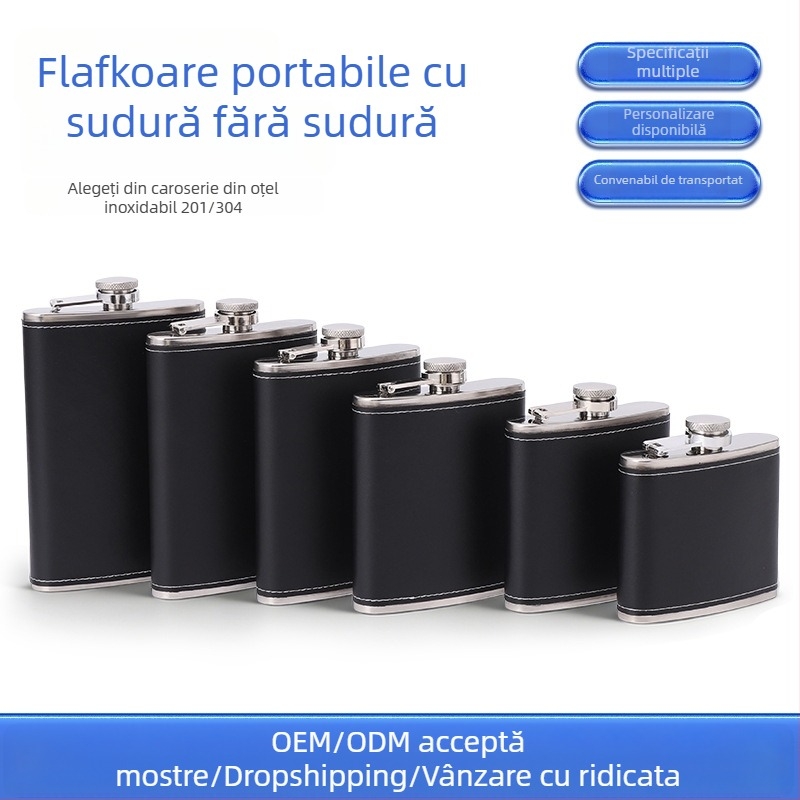Flacon din oțel inoxidabil cu înveliș din piele, capacitate 5-9 oz, portabil, recipient plat pentru activități în aer liber