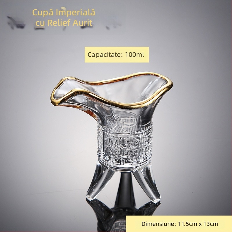Pahare de sticlă cu margine aurie, trei picioare, stil împărat pentru spirtoase și vin alb – set retro