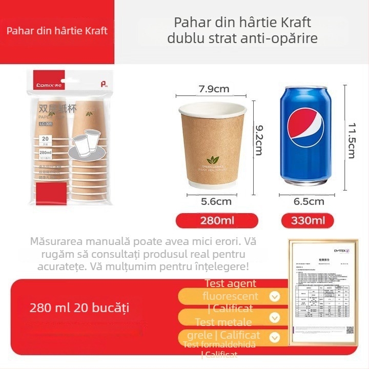 Qixin pahar din hârtie, de unică folosință, izolat, cu pereți dubli, pentru cafea sau ceai, 201–300 ml, compatibil cu microundele
