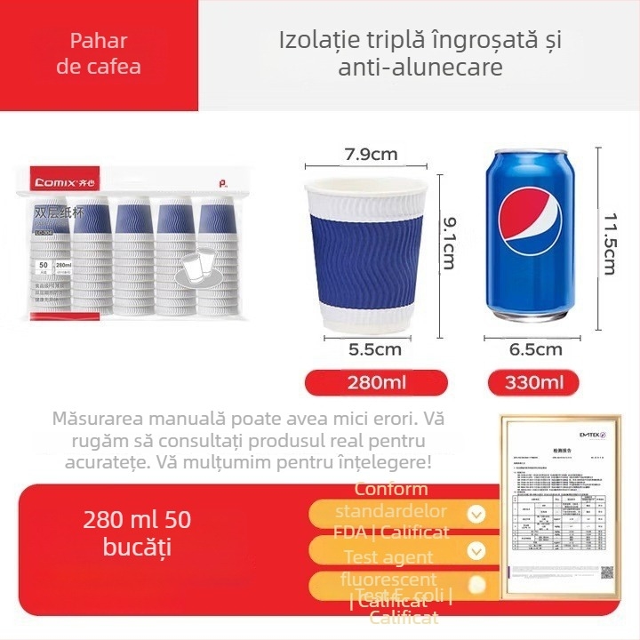 Qixin pahar din hârtie, de unică folosință, izolat, cu pereți dubli, pentru cafea sau ceai, 201–300 ml, compatibil cu microundele