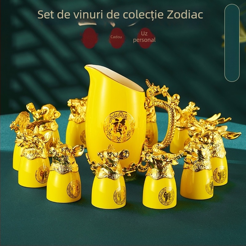 Set de băuturi placat cu aur, cu zodiac chinezesc și motivul capului de animal, în cutie din piele