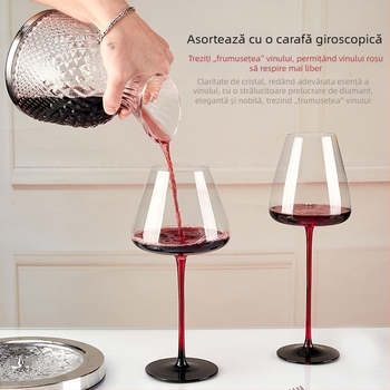 Pahar burgund pentru vin roșu din cristal fără plumb, cu funda neagră și tulpină roșie, stil Bordeaux, pahar înalt, pahare premium