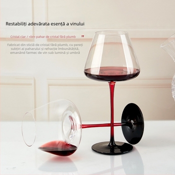 Pahar burgund pentru vin roșu din cristal fără plumb, cu funda neagră și tulpină roșie, stil Bordeaux, pahar înalt, pahare premium