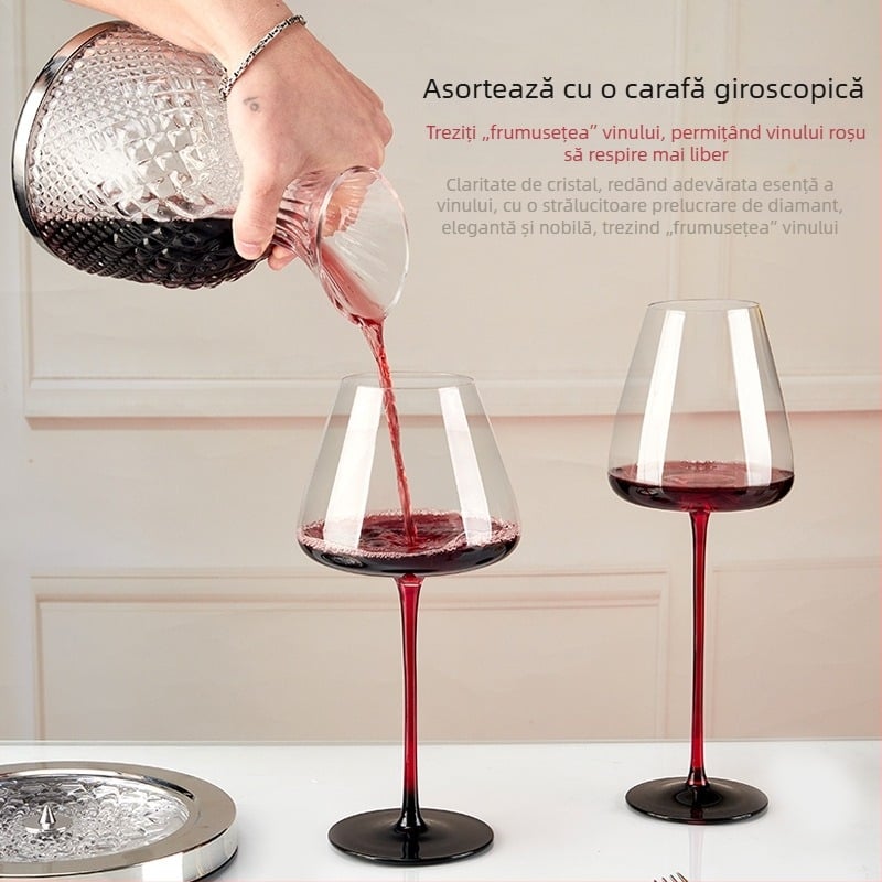 Pahar burgund pentru vin roșu din cristal fără plumb, cu funda neagră și tulpină roșie, stil Bordeaux, pahar înalt, pahare premium