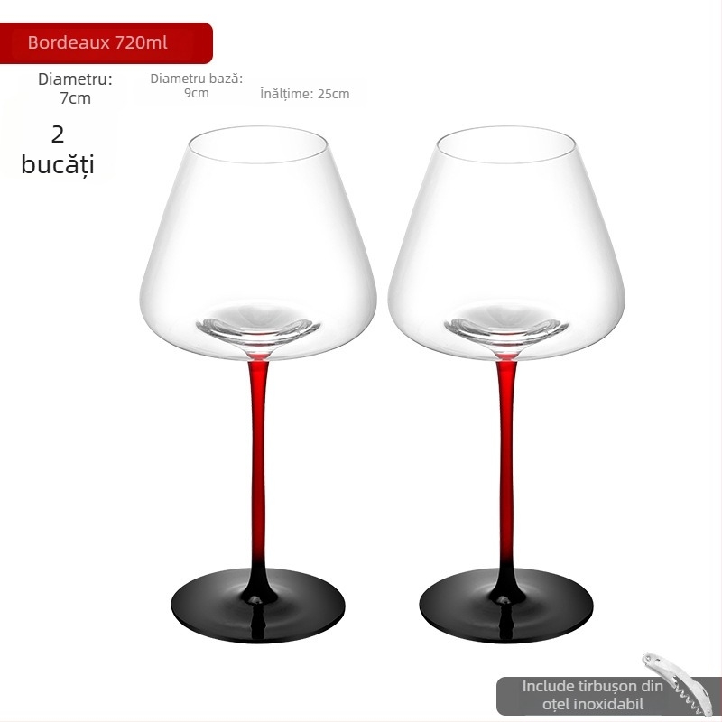 Pahar burgund pentru vin roșu din cristal fără plumb, cu funda neagră și tulpină roșie, stil Bordeaux, pahar înalt, pahare premium