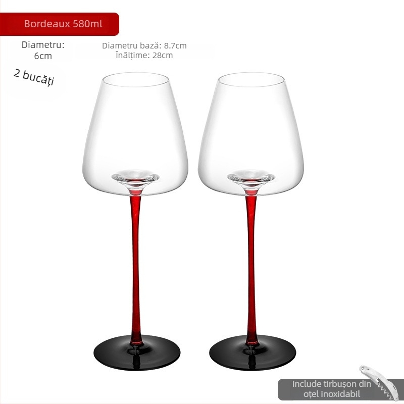 Pahar burgund pentru vin roșu din cristal fără plumb, cu funda neagră și tulpină roșie, stil Bordeaux, pahar înalt, pahare premium