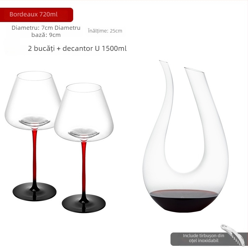 Pahar burgund pentru vin roșu din cristal fără plumb, cu funda neagră și tulpină roșie, stil Bordeaux, pahar înalt, pahare premium