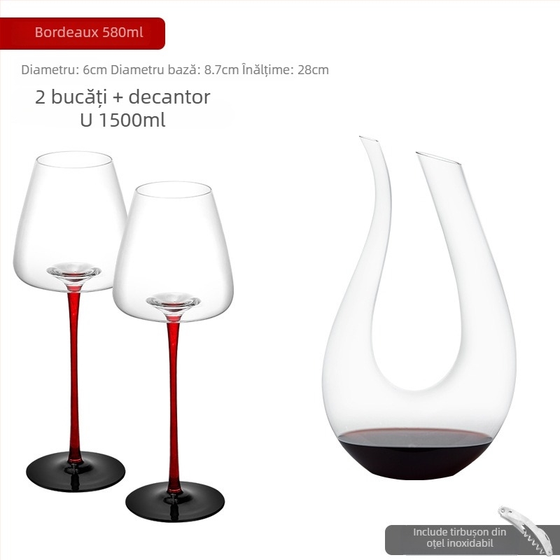 Pahar burgund pentru vin roșu din cristal fără plumb, cu funda neagră și tulpină roșie, stil Bordeaux, pahar înalt, pahare premium