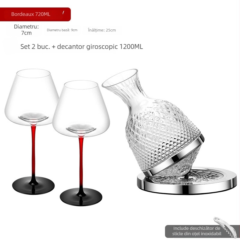 Pahar burgund pentru vin roșu din cristal fără plumb, cu funda neagră și tulpină roșie, stil Bordeaux, pahar înalt, pahare premium