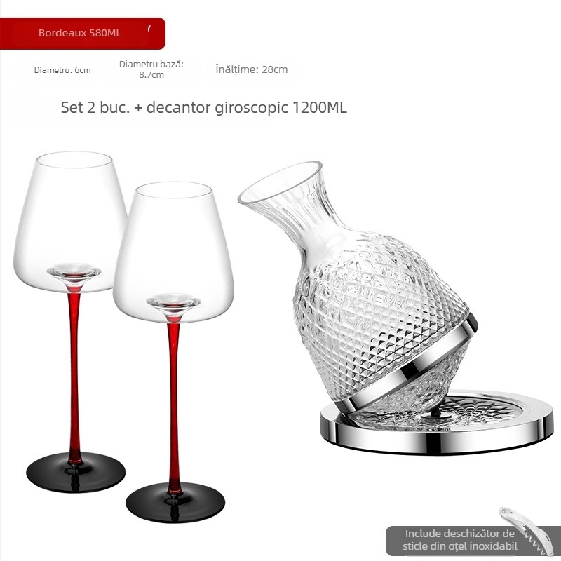 Pahar burgund pentru vin roșu din cristal fără plumb, cu funda neagră și tulpină roșie, stil Bordeaux, pahar înalt, pahare premium