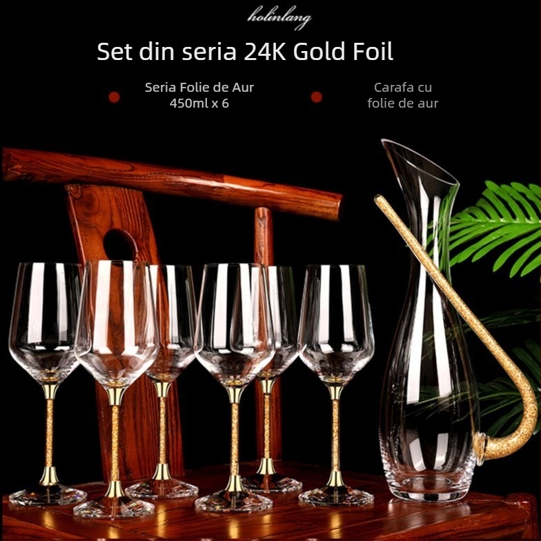 LUTIANNENG cristal fără plumb, pahar de vin lucrat manual, cu foiță de aur, uz casnic, premium, corp mare și tijă înaltă