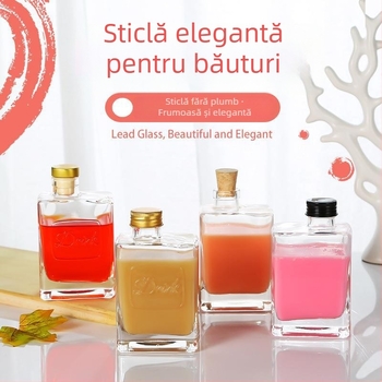 Sticlă pătrată din sticlă pentru băuturi, 280 ml – recipient plat, transparent, pentru sucuri, ceai cu lapte și alte băuturi, cu capac filet argintiu/negru/auriu