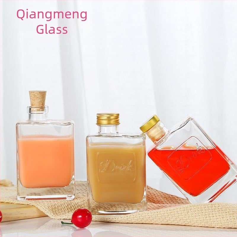 Sticlă pătrată din sticlă pentru băuturi, 280 ml – recipient plat, transparent, pentru sucuri, ceai cu lapte și alte băuturi, cu capac filet argintiu/negru/auriu