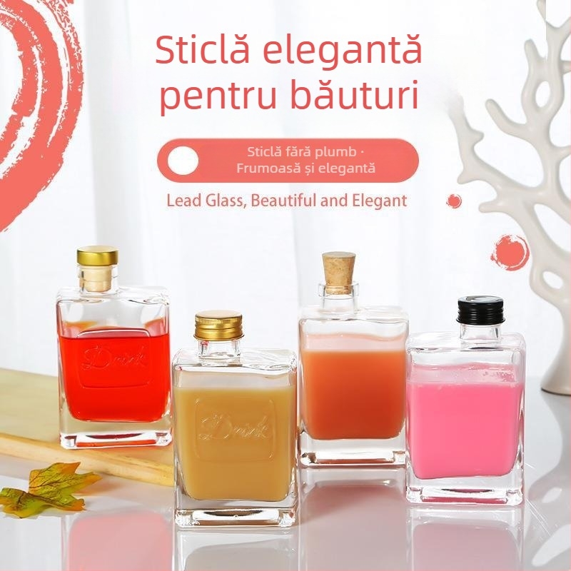 Sticlă pătrată din sticlă pentru băuturi, 280 ml – recipient plat, transparent, pentru sucuri, ceai cu lapte și alte băuturi, cu capac filet argintiu/negru/auriu