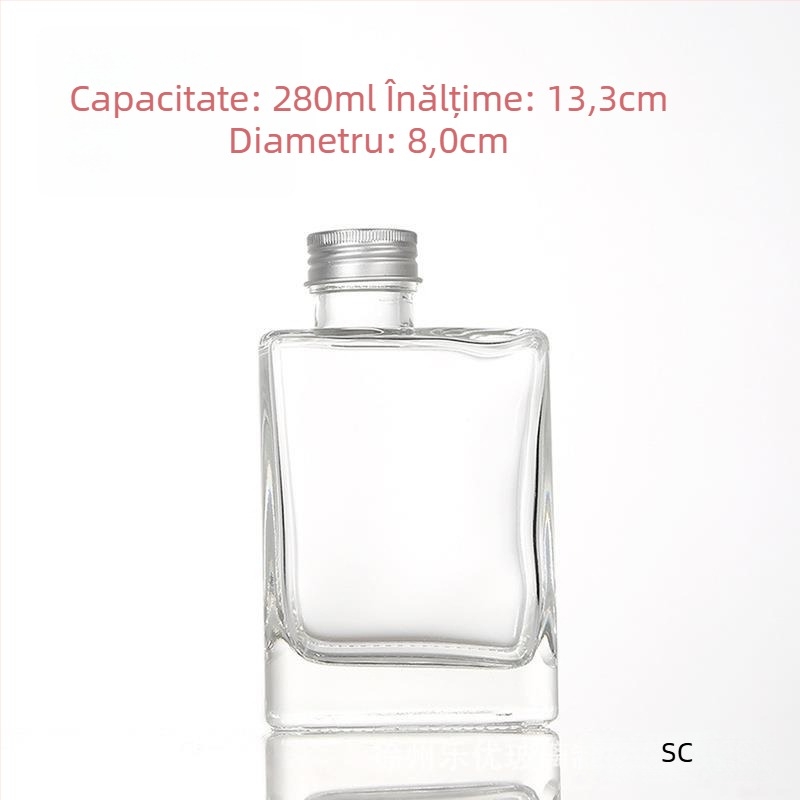 Sticlă pătrată din sticlă pentru băuturi, 280 ml – recipient plat, transparent, pentru sucuri, ceai cu lapte și alte băuturi, cu capac filet argintiu/negru/auriu