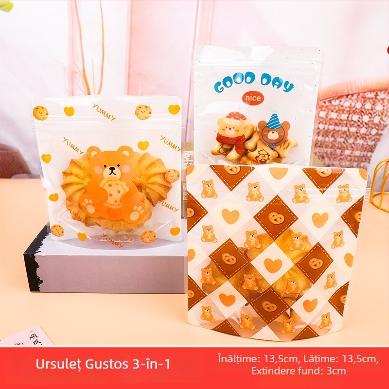 Pungă transparentă cu design desen animat pentru gustări, cu fermoar, portabilă, dimensiune medie, husă handmade pentru biscuiți, bomboane și ciocolată