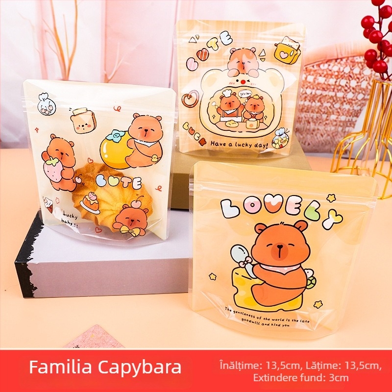 Pungă transparentă cu design desen animat pentru gustări, cu fermoar, portabilă, dimensiune medie, husă handmade pentru biscuiți, bomboane și ciocolată