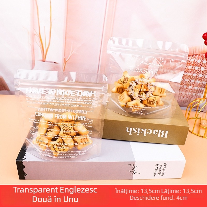 Pungă transparentă cu design desen animat pentru gustări, cu fermoar, portabilă, dimensiune medie, husă handmade pentru biscuiți, bomboane și ciocolată