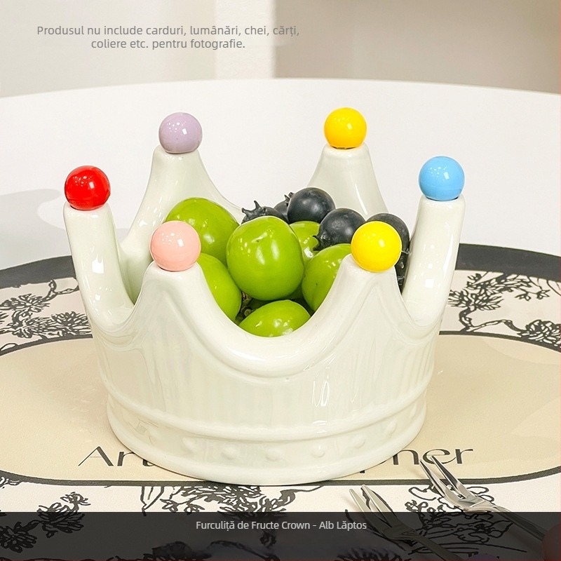 Farfurie ceramică pentru fructe în formă de coroană, cu furculiță pentru fructe, stil influencer, bol elegant de fructe pentru living