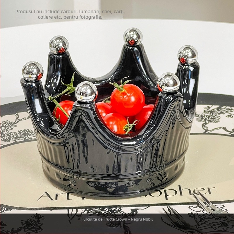 Farfurie ceramică pentru fructe în formă de coroană, cu furculiță pentru fructe, stil influencer, bol elegant de fructe pentru living