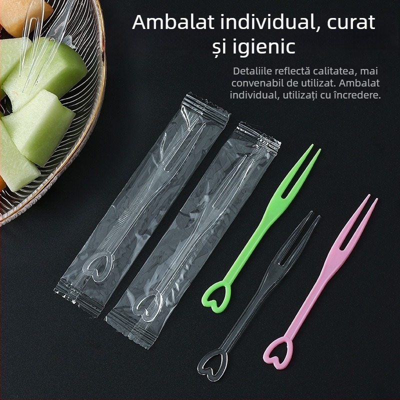 Furculițe de fructe de unică folosință, ambalate individual, tacâmuri de plastic transparente pentru desert și tort, bețe de bambus