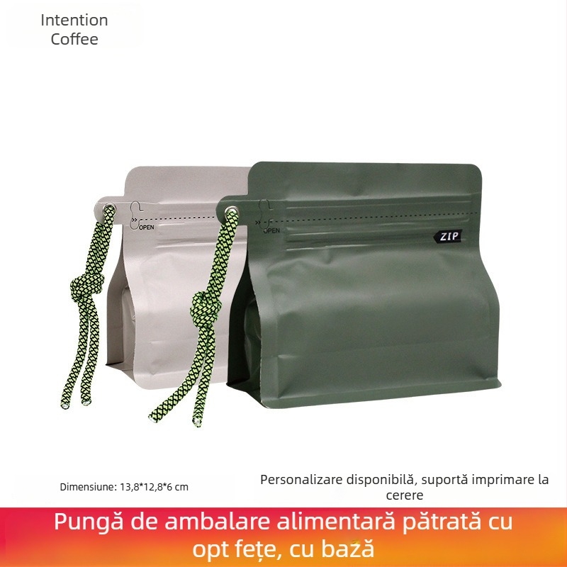Intention 100 g pungă pentru boabe de cafea, sigiliu pe opt laturi, folie plastic- aluminiu, pungă auto-susținută pentru ambalare de alimente și ceai