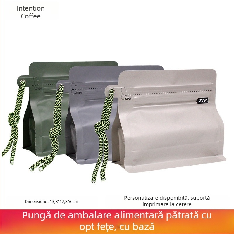 Intention 100 g pungă pentru boabe de cafea, sigiliu pe opt laturi, folie plastic- aluminiu, pungă auto-susținută pentru ambalare de alimente și ceai