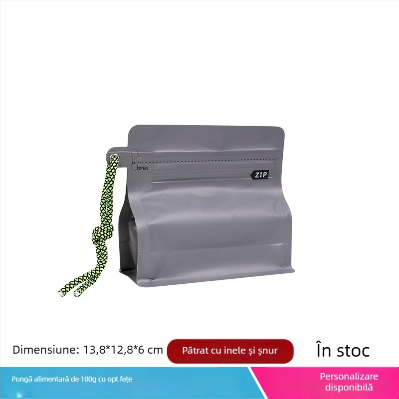 Intention 100 g pungă pentru boabe de cafea, sigiliu pe opt laturi, folie plastic- aluminiu, pungă auto-susținută pentru ambalare de alimente și ceai