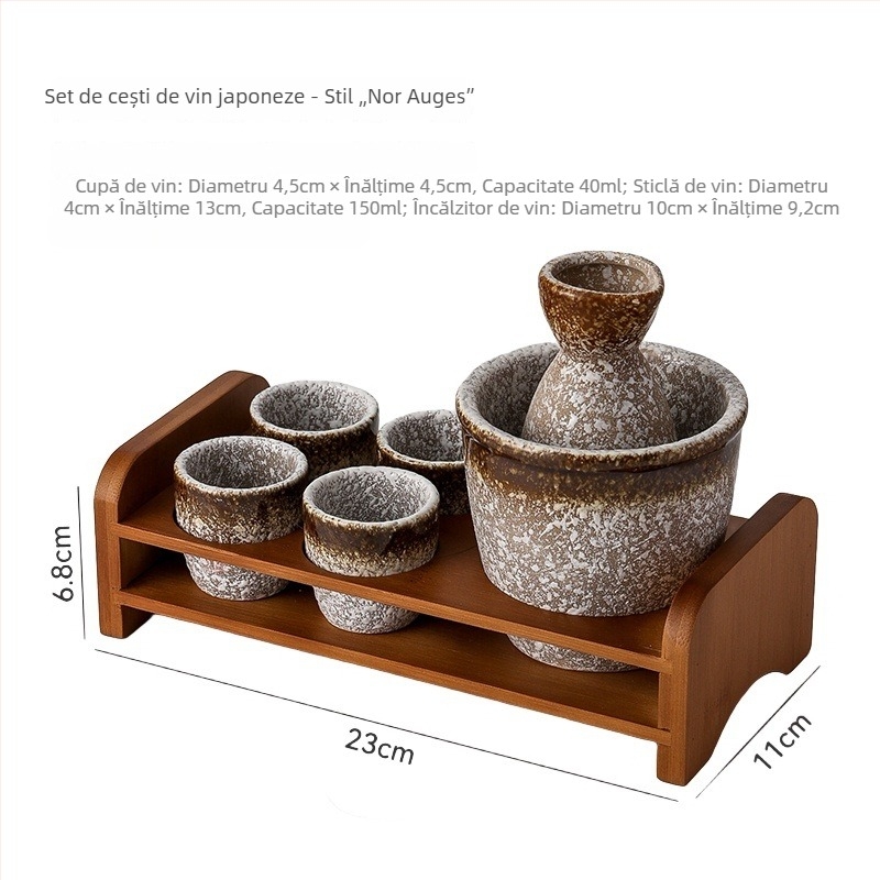 Set de pahare pentru lichior din ceramică, pictură manuală sub glazură, cu recipient încălzitor și suport din lemn pentru expunere în restaurant